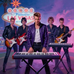 8 0's synthesizer band, anton corbijn, purple, pink, blue, posed, album cover, las vegas background, duran duran, synthesizer, guitar, atmospheric lighting. highly detailed painting by greg rutkowski.