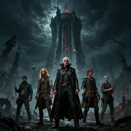 epic masterpiece of cinematographic hyperrealism where a group of archeologists appears in front of a large vampire tower. realistic shaded lighting poster by craig mallismo, artgerm, jeremy lipkin and michael garmash, unreal engine, detailed and intricate environment, digital art, art station trends, horror, night, darkness