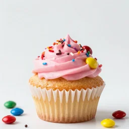 a vibrant still life photograph of a luscious, decadent cupcake with sprinkles, pink icing and m & ms, kodak portra, f 1. 8