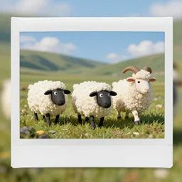 three cute human like sheeps + furry + goatman, walking on a polaroid camera model, micro - landscape, comic paint, highly details, 4 k,