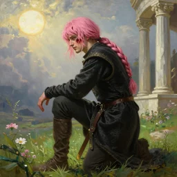 medieval noble male with pink hair and pink bangs which partly cover his face. hair is tied into a neck - length ponytail by a weave - like braid ; the front hair is left loose and sweeps over to one side lock. full body view, dramatic pose, blood on his face, photorealistic oil painting in medieval style, sun in the sky, bloom, green grassy land and white marble columns in the background