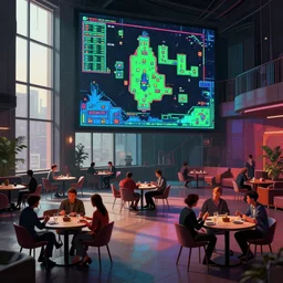 people communicating on small round tables and standing, in large lounge with very tall windows, gameplay still frame, 4 colors, pixel art, futuristic, splash screen, level design, high contrast, background, deep focus, highly detailed, dramatic lighting, digital painting, artstation, concept art, matte, greg rutkowski, moebius.