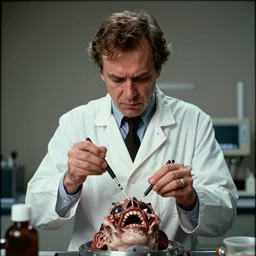 7 0 s film still from a horror movie of a mad scientist conducting horrific experiments, kodachrome, cinecolor, cinestill, photorealism, cinematic, film grain, film texture, vhs recording