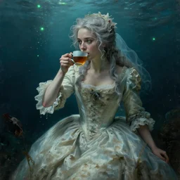a 1 8 th century, messy, silver haired, ( ( ( mad ) ) ) fae princess ( look like ( ( young kate winslet ) ) ), dressed in a ( dirty ), wedding dress, is ( ( drinking a cup of tea ) ). everything is underwater! and floating. greenish blue tones, theatrical, ( ( green lights ) ) oil canvas by william turner