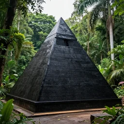 old photo of black pyramid in a jungle