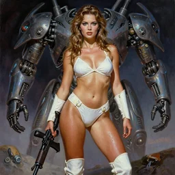 A mixed media portrait painting of a very beautiful light-brown-haired woman on an alien planet, very curvy, aesthetic! high-waisted white-bikini-armor and boots, starship-troopers-rifle, aesthetic symmetrical face and eyes, model, wet, pacific-rim-mech in background, by Frank Frazetta, Boris Vallejo, Beeple, Greg Rutkowski, Christian MacNevin, eighties pinup style, goddess, epic fantasy character art, high fantasy, CGsociety, exquisite detail, post-processing, masterpiece, cinematic