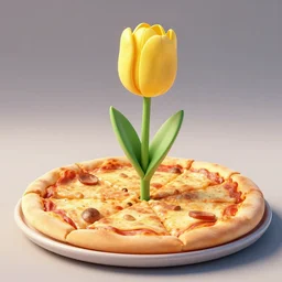 yellow beautiful tulip growing from a pizza, 8 k, 3 d render