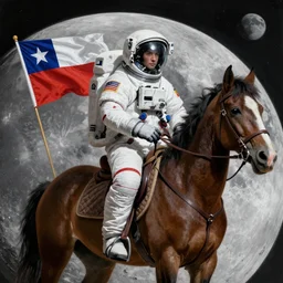 A hyper real comic book style portait painting of an astronaut riding a horse on the moon, flag of Chile on his cloth, unreal 5, hyperrealistic, octane render, cosplay, RPG portrait, dynamic lighting