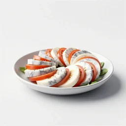 marble caprese salad, clean 3d render, octane render, isolated on a pure white background, centered, entire object in frame, sharp focus, soft studio lighting