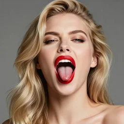 a photo of a hyperrealistic lusty blonde woman with lucious red lips opening her mouth and sticking out her tongue photorealism