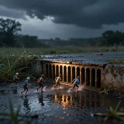 several very tiny humanoid creatures running into a storm drain, twilight, reflections on wet pavement