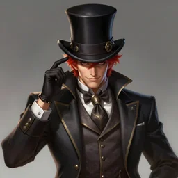 a highly detailed illustration of stylish top hat wearing red haired man, wearing suit vest, flashily posing, intricate, elegant, highly detailed, centered, digital painting, artstation, concept art, smooth, sharp focus, league of legends concept art, WLOP