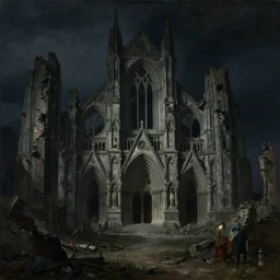 nocturnal dark cinematic image of a mega ruin site of a decaying cathedral, oil on canvas by etienne louis boulee and alan lee