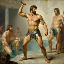 muscular male gladiator, roman baths painting by gaston bussiere, craig mullins, j. c. leyendecker, tom of finland