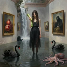 realistic painting of a flooded spanish art gallery and a tall emo girl, holding a courgette, paintings on walls, floodwaters, squid ink, the grim reaper, pomegranates, waterfall from the wall, black swans, octopus, sensual, puddles, zen, surrealist, by magritte and monet