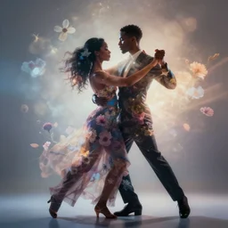 double exposure photograph of a black couple dancing and dreamy flowers in volumetric lighting, light leaks