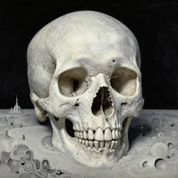 a surreal and awe - inspiring science fiction landscape, moon in the sky looks like a skull, intricate, elegant, highly detailed matte painting by simon stalenhag and george bellows