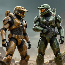 kanye west fighting the covenant with master chief from halo, digital art, 4 k