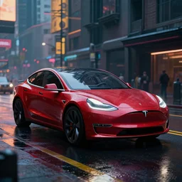 a photo of a tesla car on a wet cyberpunk city street, hyper detailed, smooth, high contrast, volumetric lighting, octane, jim lee, craig mullins, vibrant rich deep color