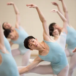 male ballet dancers doing an extreme stretch choreography, dance photography, pastel colors palette, anatomic photography, high detail, zoom in, foreshortening, natural light