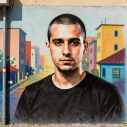“Spray paint stencil picture of a clean shaven Jewish guy in his 30s, the city is on the background, colorful, but very good looking, sunlight is falling on the wall”