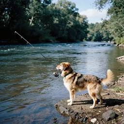 a 35mm photo of a dog holdinf a fishingpole at a riverbank, water, well lit, bright and colorful