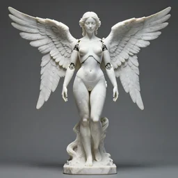 a statue made of white marble by hermann nitsch, of an gorgeous futuristic cybernetic angel girl, prostheses, transhumanism, full body shot, perfect symmetrical body, perfect symmetrical face, hyper realistic, hyper detailed, by johannen voss, by peter kemp, by monia merlo, by michelangelo, octane render, blender, 8 k