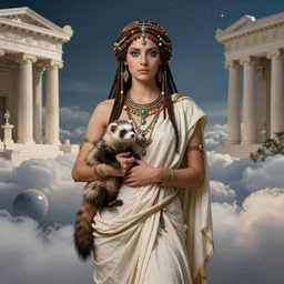 a beautiful cyclopean alien woman with beads in her hair and wearing lots of jewelry, she is draped in greek fabrics and is holding a tiny fluffy ferret creature while posing for her portrait on her home planet in the clouds, greek architecture, cyclops, reneassaince painting, lovely, fully clothed, greek goddess, real life
