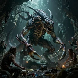 the kraken fighting cthulhu in a dim cave, lovecraftian, by hp lovecraft, by greg rutkowski, by francois launet, by andree wallin, by zdzislaw beksinski, thalassophobia, very detailed, octane render, cinematic lighting, volumetric lighting, 8 5 mm
