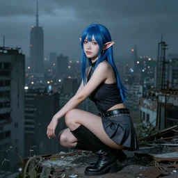 breathtaking photo of an attractive young asian elf woman with pointy ears and blue hair, wearing a miniskirt and knee-high boots, crouching in an endlessly sprawling hazy abandoned city at night, Octane render