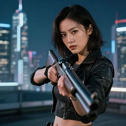 photographic portrait of a techwear woman holding a shotgun, holding gun down, closeup, on the rooftop of a futuristic city at night, sigma 85mm f/1.4, 4k, depth of field, high resolution, full color, Kill Bill, John Wick, Die Hard, movies with guns, movie firearms