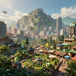 a scenic view of a city build on and around a mountain, market and gardens, james paick and beeple, imax quality, cinematic photography, cinematic, ue 5, realistic, highly - detailed, sci - fi