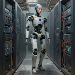ruined server room in datacenter painting concept art of full - body robot with beautiful human face, pacing in server room, sharp focus, computers, wires, by pascal blanche rutkowski artstation detailed