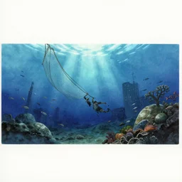 incredible wide screenshot, ultrawide, simple watercolor, rough paper texture, ghost in the shell movie scene, underwater glasgow city, backlit shot, underwater, fishing net, fish shoal, reef, boulders, pencil marks, shinjuku, koji morimoto, katsuya terada, masamune shirow, tatsuyuki tanaka hd, 4 k, remaster, dynamic camera angle, deep 3 point perspective, fish eye, dynamic lighting
