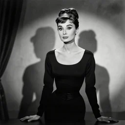 b & w photo of morticia addams as played by audrey hepburn