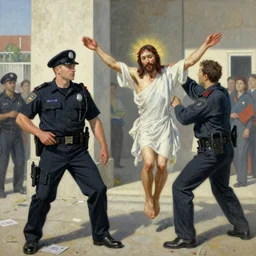 jesus christ arresting a police officer, style of greg rutkowski