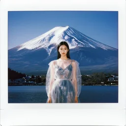 perfect symmetrical face, a instax photo of fuji mountain, a tall japanese girl in a transparent sheer fabric dress against the background of fuji mountain, severe snow, full body shot, perfect symmetrical body, coherent symmetrical eyes, by peter kemp, by monia merlo, hyperrealistic, hyperdetailed, octane render, 8 k