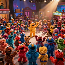 a huge mosh - pit breaks out on the set of sesame street