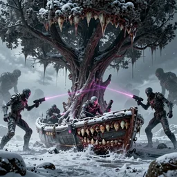 concept art of boat under a tree, lots of teeth, melting horror, fighting the horrors of the unknown with laser guns, by greg rutkowski, by anton fadeev, by rhads, 4 k, cyber punk style, snow, very coherent symmetrical artwork, cinematic, hyper realism, high detail, octane render, unreal engine, 8 k