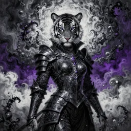 tom bagshaw, soft painting fractal curiosities carnival, very beautiful female tigress in full nightshade gothic armor, accurate features, focus, very intricate ultrafine details, black white purple volumetric clouds, award winning masterpiece, octane render 8 k hd