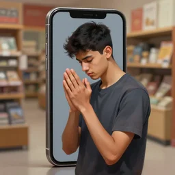 a male teenager praying in front of a giant smartphone, short black hair, small beard, digital painting, masterpiece, digital art, concept art, trending on deviantart, oil painting, high coherence, anatomically correct, five fingers, high quality, highly detailed, divine, a shop in the background, bokeh, artgem, geometrically correct