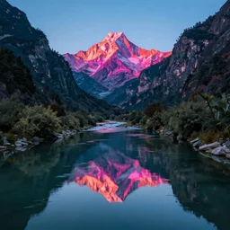 breathtaking cinematic landscape of mountains standing in a clean river, mirrored refractions, neon color palette, 4 k, wallpaper 4 k, detailed photo, natural lighting, cinematic lighting, global illumination