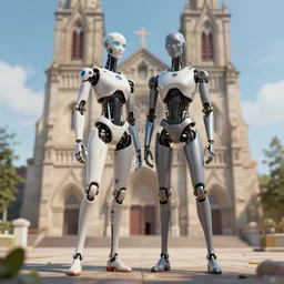 2B nier automata standing in front of a church, detailed, artstation, concept art, Unreal Engine 5 render, 8K