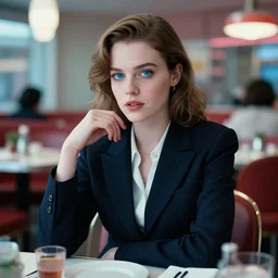 the most beautiful cybercore female diner, casual elegant suit, blue moe eyes, angelic detail, scene from a nicolas winding refn movie