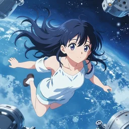 portrait of a girl floating in a spacestation, flowing hair, yuya nagai, last exile, blue submarine no. 6, loish, murata range, kawaii, studio lighting, anime, manga, vibrant bright colors, japanese, 1980s, beautiful, dreamy, alphonse mucha, gradation, jean giraud, high saturation
