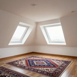 1.7 metre high attic, with matte white angled ceiling, with 2 windows opposing each other, with a large square window in the back right corner of the room, with exquisite turkish and persian rugs on the polished plywood floor, XF IQ4, 150MP, 50mm, F1.4, ISO 200, 1/160s, natural light
