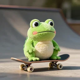 frog plushie on a skateboard, skate photography 55mm