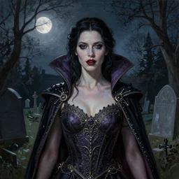 Riveting!!! Regal!!! Charismatic!!! female vampire Pandora, portrait, atmospheric lighting, painted, intricate, Highgate cemetery, volumetric lighting, beautiful, 3:00 am, moon light, sharp focus, ultra detailed, by Leesha Hannigan, Ross Tran, Thierry Doizon, Kai Carpenter, Ignacio Fernández Ríos, Yasumoto Oka,