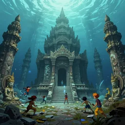 Underwater temple, broken statues, magical, mystical atmosphere, Monster Hunter Illustrations art book, Moebius, Greg Rutkowski, Zabrocki, Karlkka, Jayison Devadas, Phuoc Quan, trending on Artstation, 8K, ultra wide angle, zenith view, pincushion lens effect.