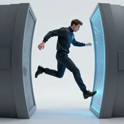 a secret agent in the process of stepping between two realities through a portal, one dark and one light, dramatic lighting, electric effects, photoreal render, unreal engine, 4k